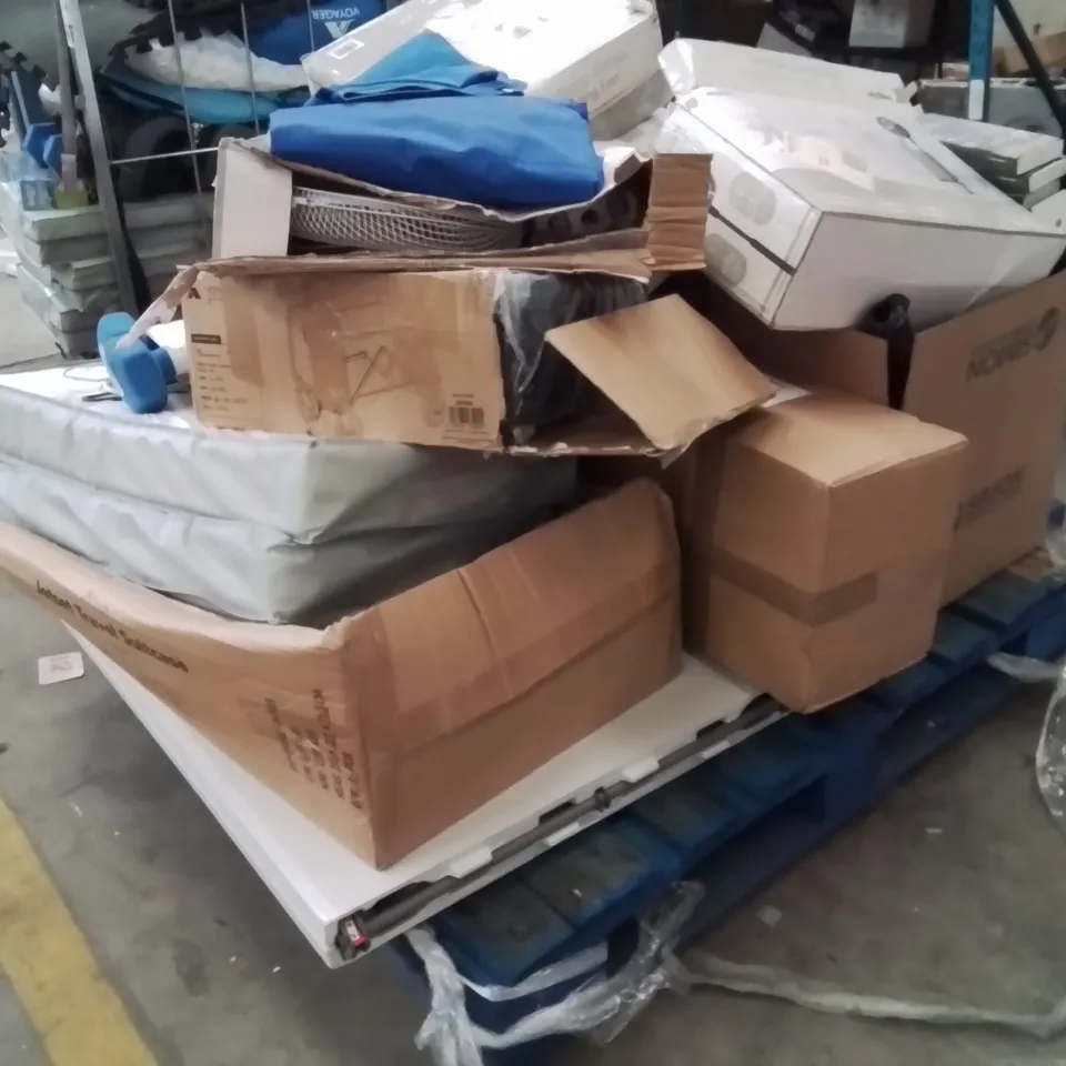 PALLET OF ASSORTED HOUSEHOLD GOODS AND PRODUCTS TO INCLUDE;WEIGHTS,FANS,BABY CHANGING PAD,HOOVER
