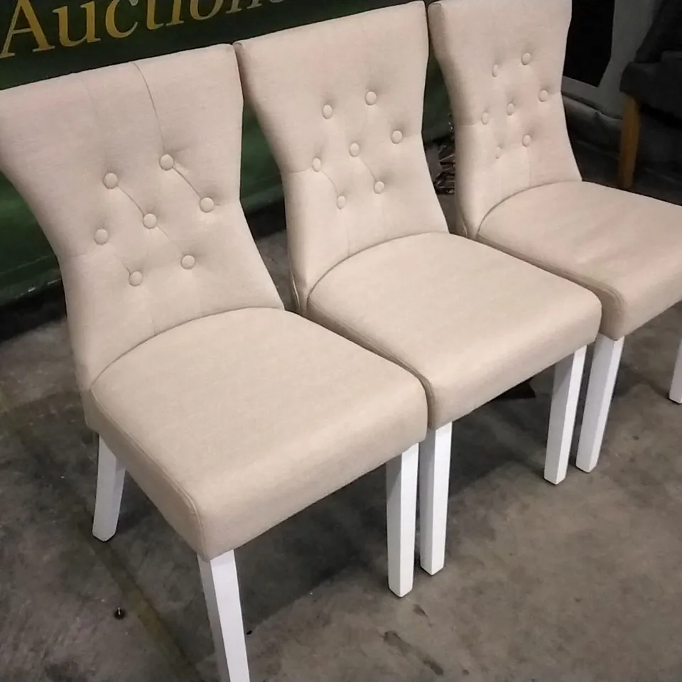 SET OF 3 BEIGE FABRIC BUTTONBACK DINING CHAIRS WITH WHITE WOODEN LEGS 