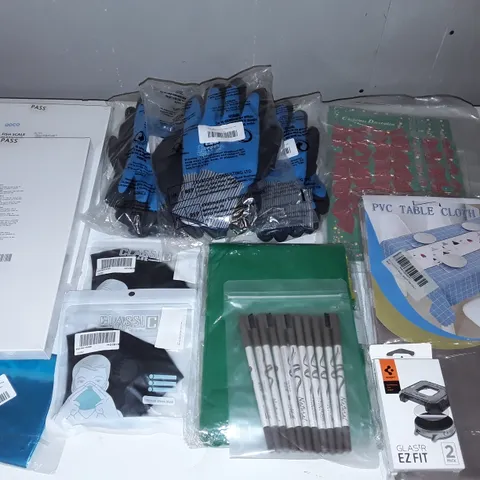 LARGE QUANTITY OF ASSORTED HOUSEHOLD ITEMS TO INCLUDE PIC TABLE CLOTH, EYEBROW PENCILS, FISH SCALE CLEANING CLOTHES AND HEAVY DUTY GLOVES