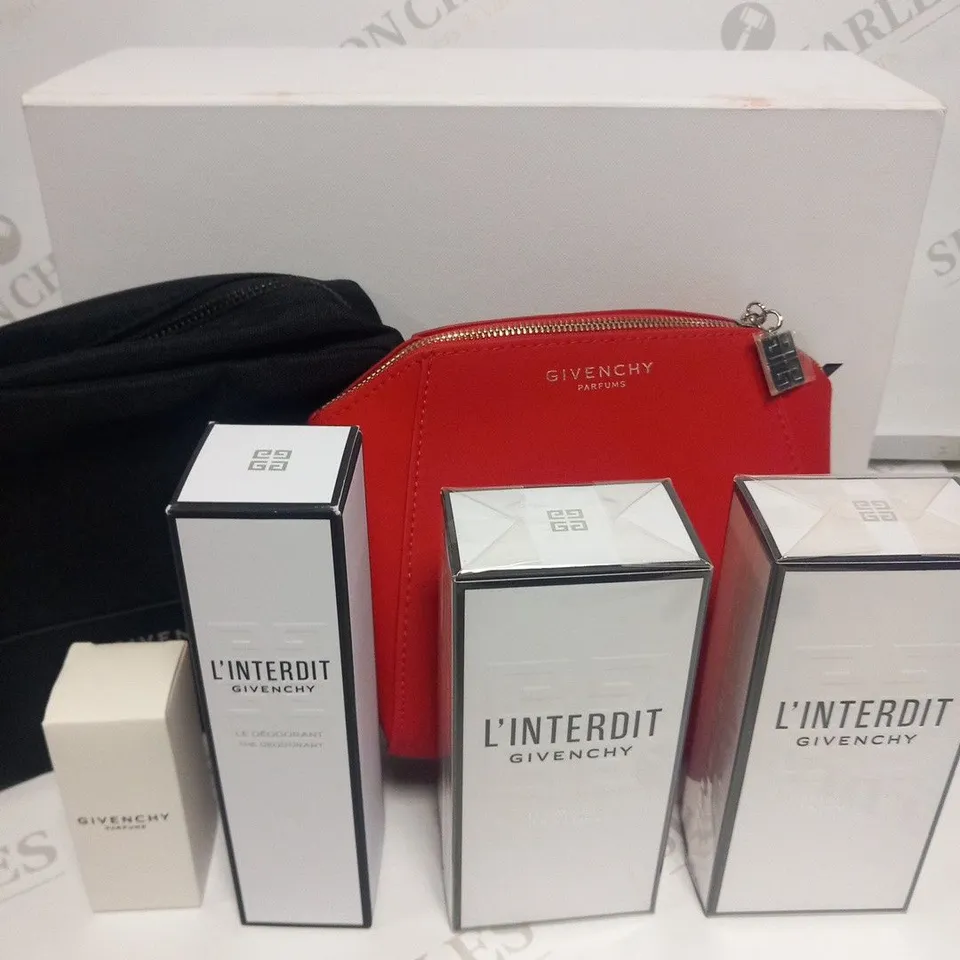 BOXED GIVENCHY 6 PIECE GIFT SET TO INCLUDE; 2 COSMETICS BAGS, THE SHOWER OIL, THE BODY MILK, THE DEODORANT AND PARFUM SAMPLE