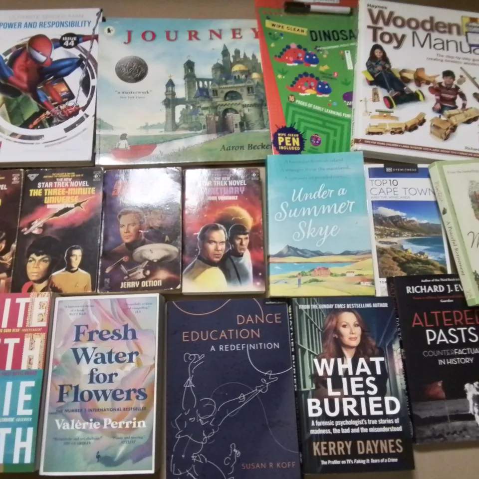 LARGE QUANTITY OF ASSORTED BOOKS TO INCLUDE RICE'S LANGUAGE OF BUILDINGS, VALERIE PERRIN FRESH WATER FOR FLOWERS and various kids books 