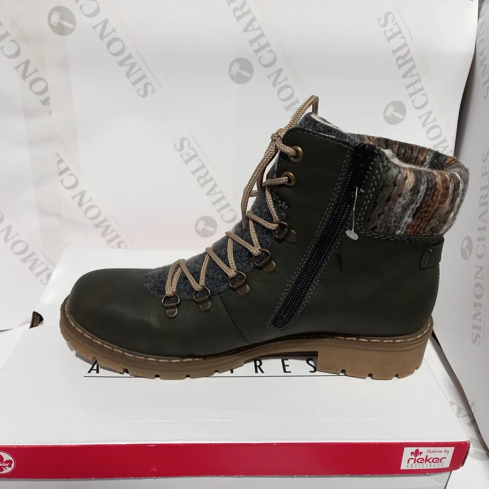 BOXED PAIR OF RIEKER GREEN CUFFED HIKING BOOT - SIZE 6