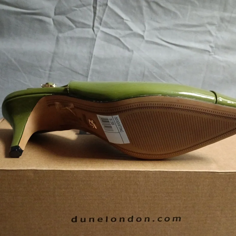 BOXED PAIR OF DUNE LONDON GREEN PATENT SLINGBACK SHOES - UK SIZE 5