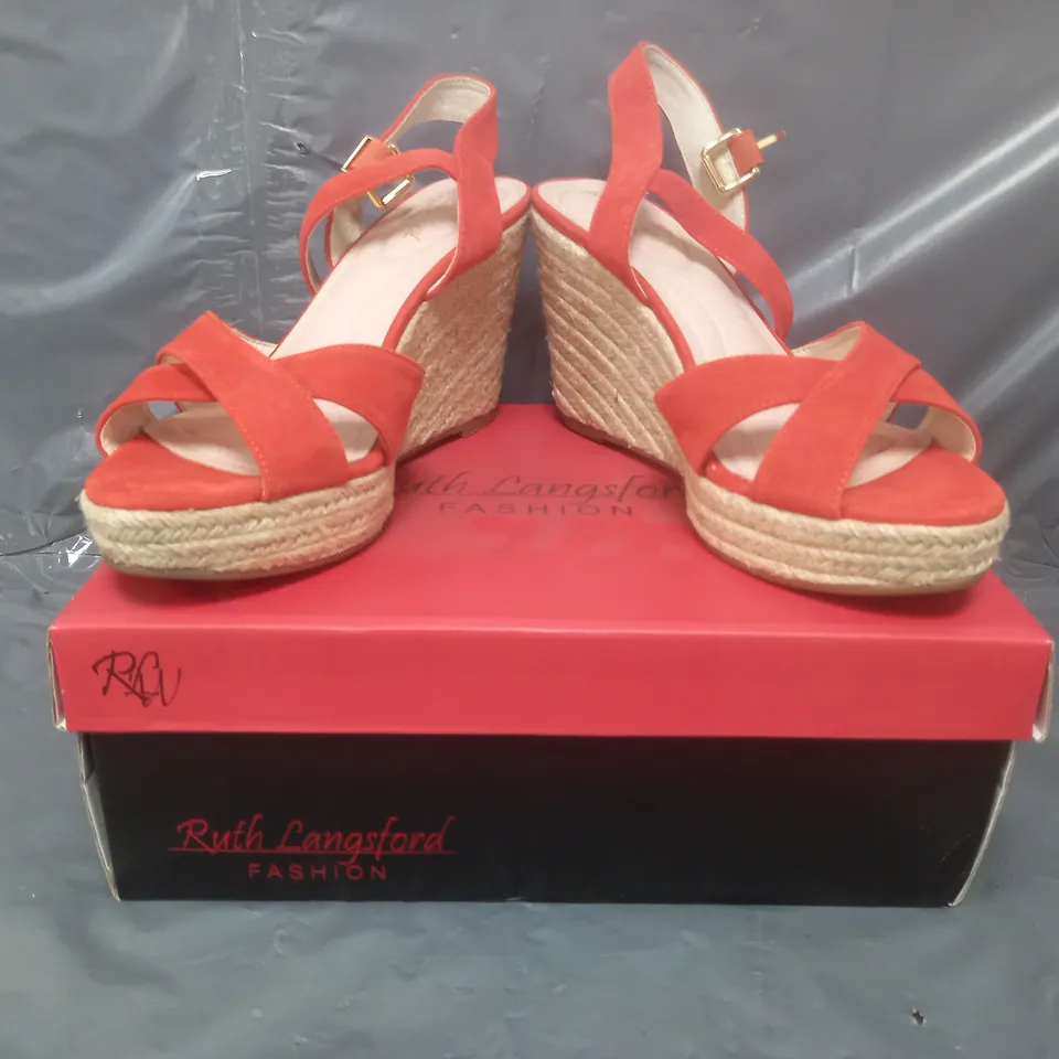 BOXED PAIR OF RUTH LANGSFORD WEDGE SANDALS IN ORANGE SIZE 8