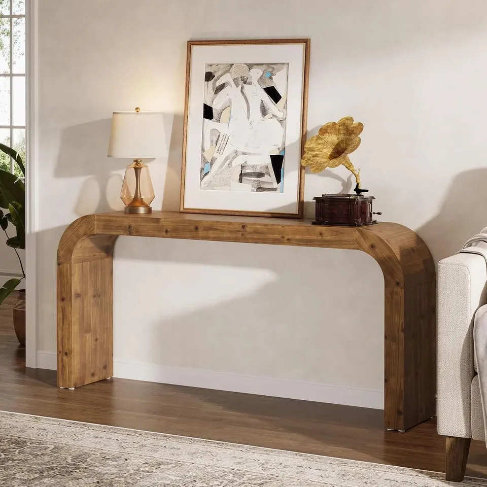 BOXED 70.8" CONSOLE TABLE, SOLID WOOD SOFA TABLE WITH CURVED CORNERS