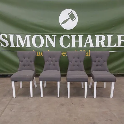 SET OF 4 BEWLEY SLATE GREY FABRIC BUTTON BACK DINING CHAIRS WITH WHITE LEGS 