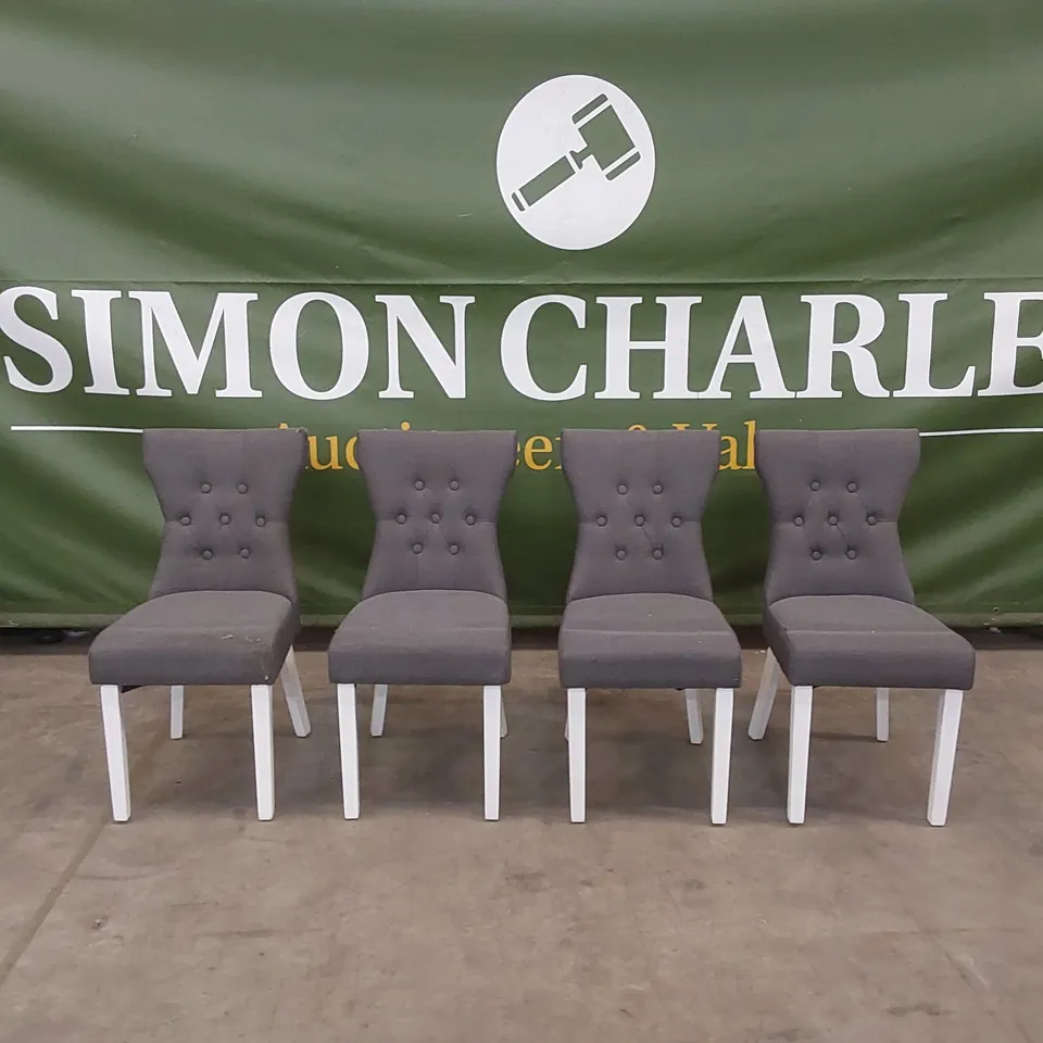 SET OF 4 BEWLEY SLATE GREY FABRIC BUTTON BACK DINING CHAIRS WITH WHITE LEGS 