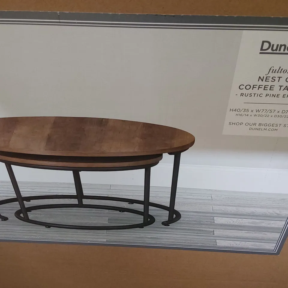 BOXED DESIGNER FULTON NEST OF COFFEE TABLES RUSTIC PINE EFFECT H40/35 W77/57 D77/57cm