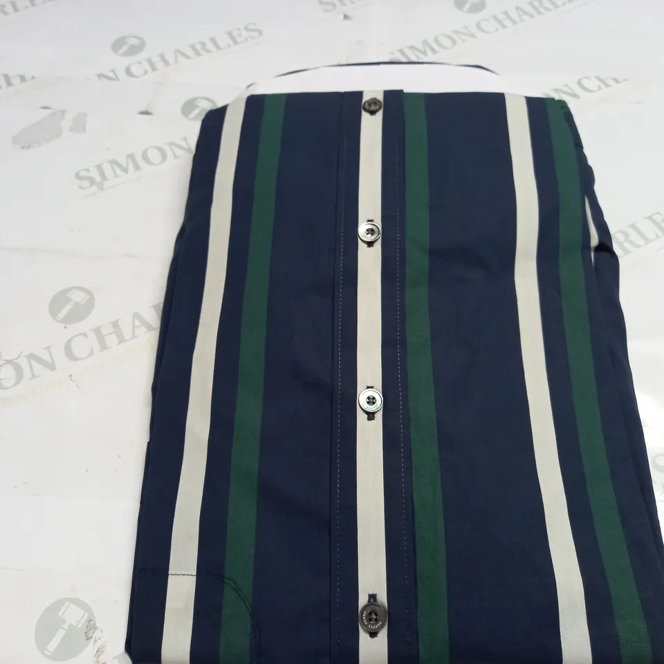 PRETTY GREEN CARTER STRIPE SHORT SLEEVE SHIRT IN NAVY/GREEN/WHITE - MEDIUM
