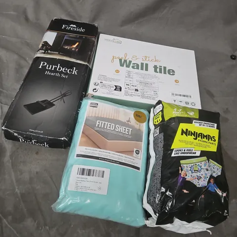 APPROXIMATELY 15 ASSORTED HOUSEHOLD PRODUCTS TO INCLUDE PURBECK HEARTH SET, PEEL & STICK WALL TILES, FITTED SHEET, ETC - COLLECTION ONLY