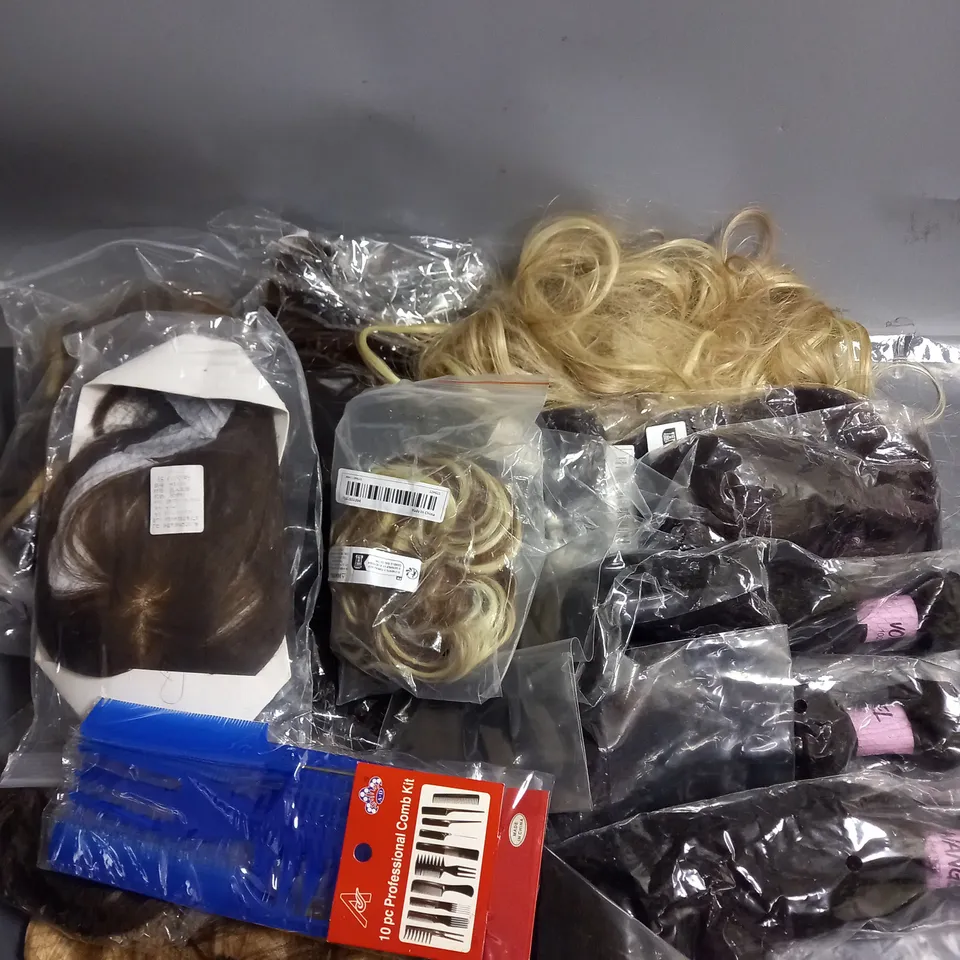 APPROXIMATELY 12 ASSORTED HAIR PRODUCTS TO INCLUDE - WIGS - EXTENSIONS - 10PCE COMB KIT - ETC 