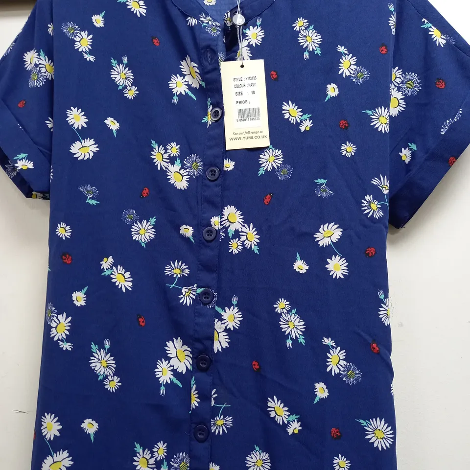 YUMI FLORAL DESIGN LONG SHIRT DRESS IN NAVY - UK 10