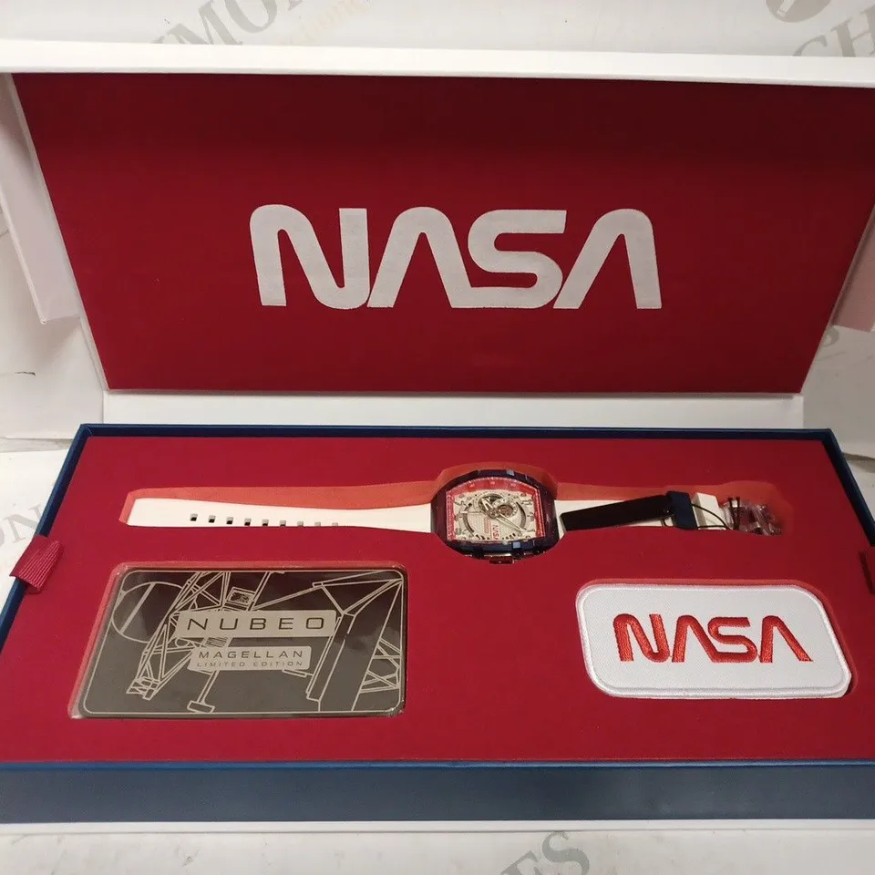 BOXED NUBEO LIMITED EDITION NASA WATCH 035/100 - AUTOMATIC - SKELETON BACK - STAINLESS STEEL - RUBBER STRAP - WATER REISTANT 50M. 