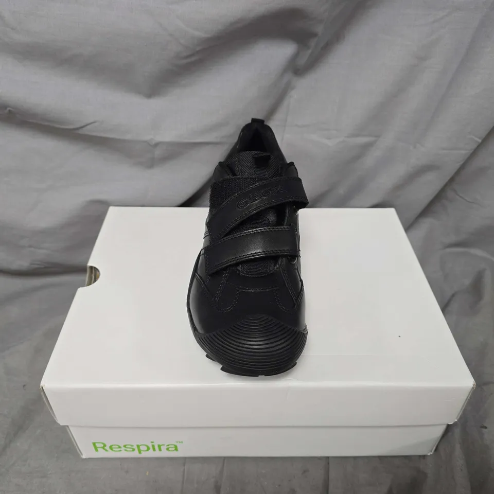 BOXED PAIR OF GEOX J SAVAGE SHOES IN BLACK - UK 4