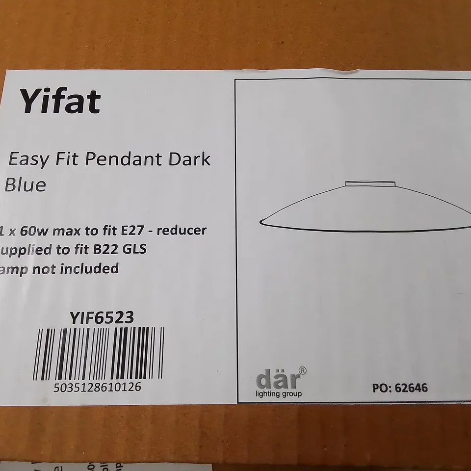 LOT OF APPROXIMATELY 16 ASSORTED LIGHTING ITEMS TO INCLUDE DAR WALL LIGHT,EASY FIT WHITE SHADES AND YIFAT PENDANTS IN DARK BLUE