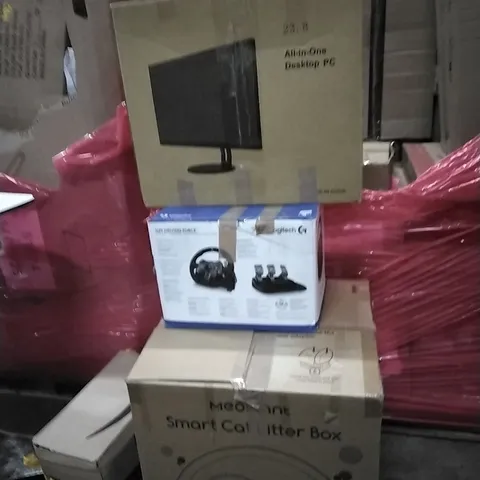 PALLET OF ASSORTED HOUSEHOLD GOODS AND PRODUCTS TO INCLUDE;LOGITECH G29,SMART CAT LITTER BOX,ALL IN ONE DESKTOP