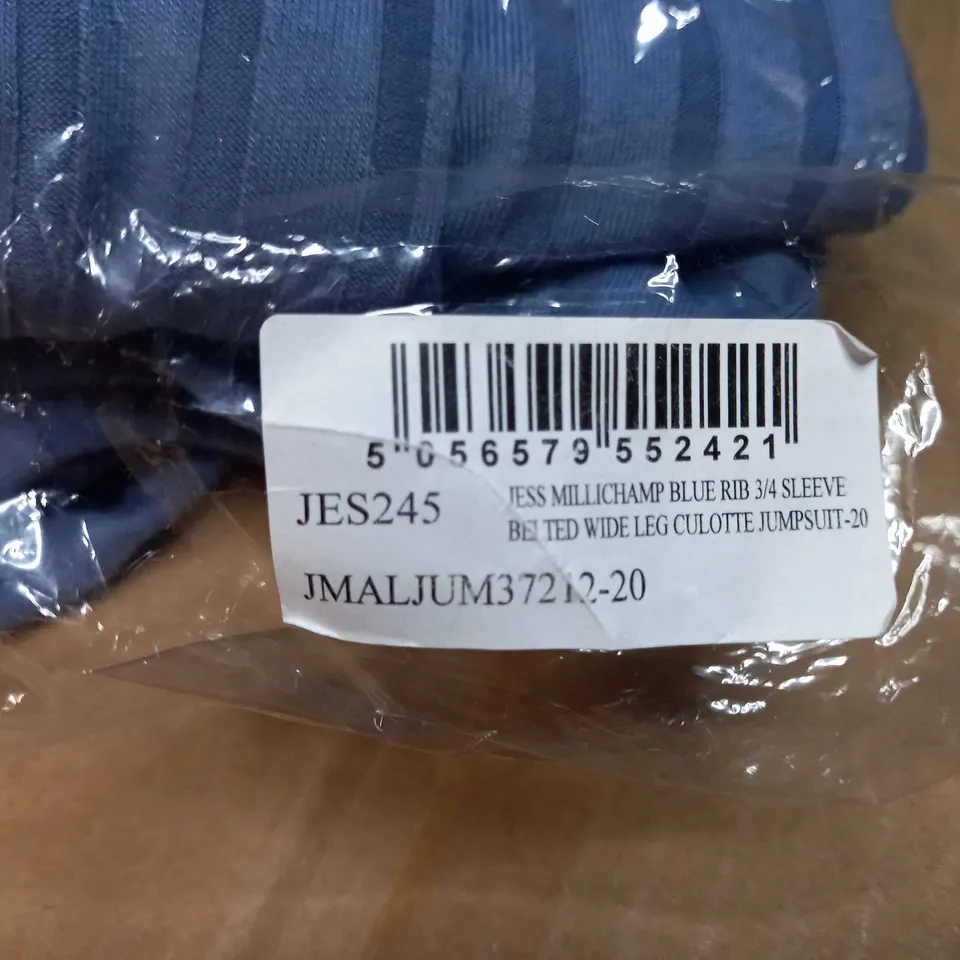 PACKAGED JESS MILLICHAMP BLUE RIB BELTED WIDE LEG CULOTTE JUMPSUIT - SIZE 20