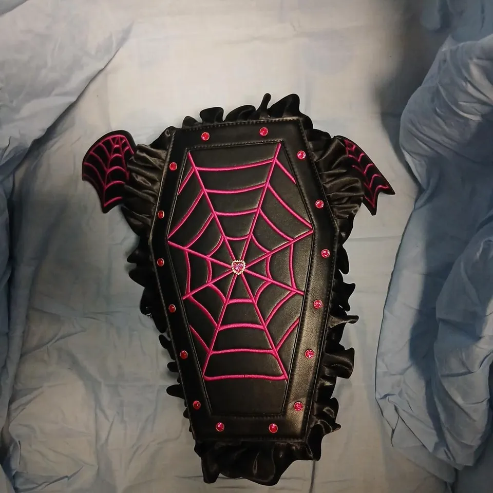 KOI HAUNT COUTURE BAG – BLACK WITH SPIDERWEB EMBROIDERY AND BAT WINGS (OS)