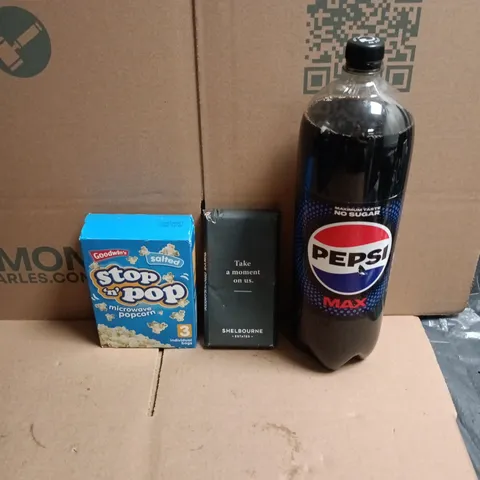 APPROXIMATELY 12 ASSORTED FOOD AND DRINKS ITEMS TO INCLUDE - PEPSI MAX 2L, SPECIAL DESIGN TONY'S  MILK CHOCOLATE BAR, SALTED MICROWAVE POPCORN ETC 