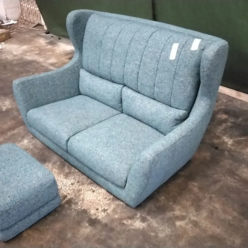 QUALITY DESIGNER REBECCA SMALL SOFA IN PIERO EDGEROW WITH LIGHTWOOD AND FOOTSTOOL