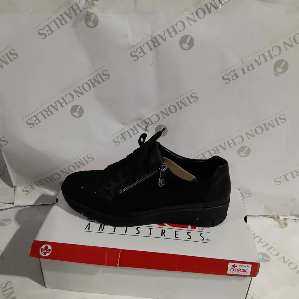 BOXED PAIR OF RIEKER WEDGE TRAINERS IN BLACK - SIZE 7.5