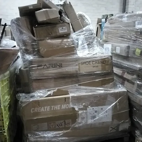 PALLET OF HOUSEHOLD ITEMS TO INCLUDE SHOE CABINET, RAIN GUARDS, TABLET CASES AND OTHER ASSORTED ITEMS....