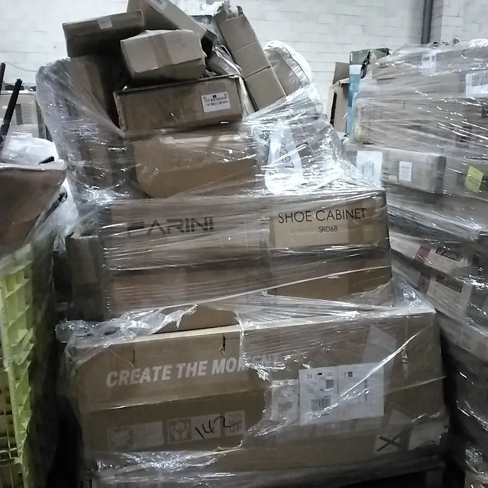 PALLET OF HOUSEHOLD ITEMS TO INCLUDE SHOE CABINET, RAIN GUARDS, TABLET CASES AND OTHER ASSORTED ITEMS....