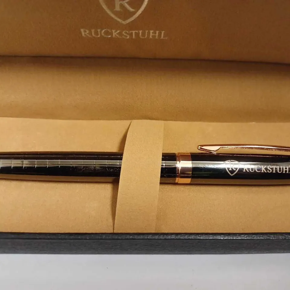 RUCKSTUHL STAINLESS STEEL LUXURY PEN IN GIFT BOX – BLACK & ROSE GOLD COLOUR CASE - HAND ASSEMBLED