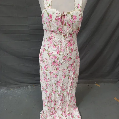 MNG SLEEVELESS TIE FRONT DRESS IN PINK/ CREAM FLORAL SIZE L