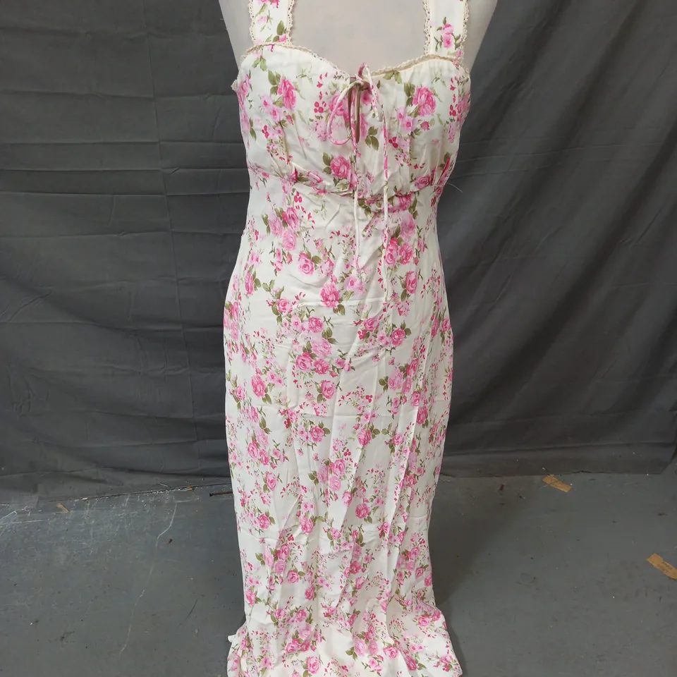 MNG SLEEVELESS TIE FRONT DRESS IN PINK/ CREAM FLORAL SIZE L