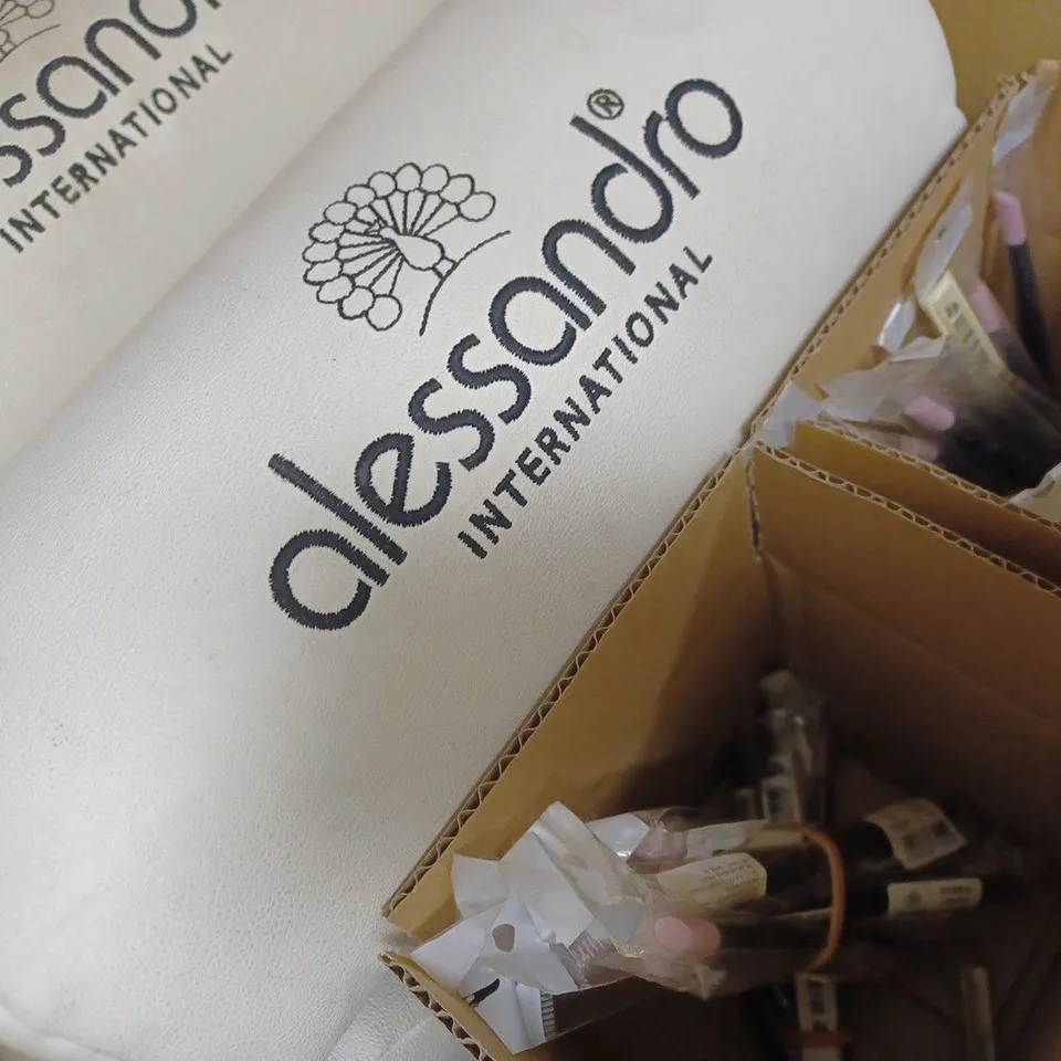 BOX OF APPROX 50 ASSORTED ALESSANDRO PRODUCTS TO INCLUDE MANICURE CUSHIONS & STRIPLAC HOOF STICKS 