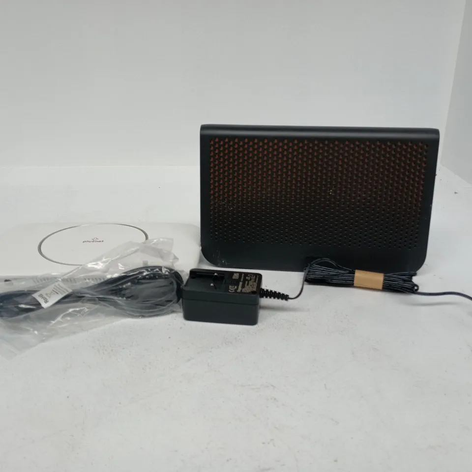 TOTE OF APPROXIMATELY 12 ASSORTED ITEMS TO INCLUDE TALK TALK ROUTER, PLUSNET ROUTER, POWER SUPPLIES ETC