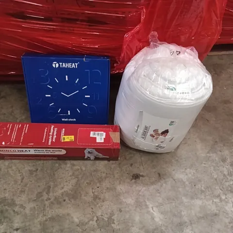 PALLETT OF ASSORTED ITEMS INCLUDING -WALL CLOCK, UNDERFLOOR HEATING SYSTEM, ALL SEASONS DUVET