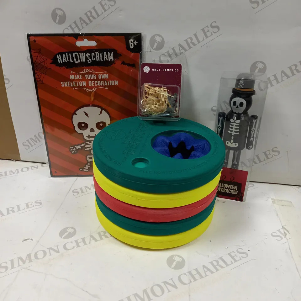 APPROXIMATELY 7 ASSORTED PRODUCTS TO INCLUDE; HALLOWEEN NUTCRACKER, ONLY GAMES DM STASH, HALLOWEEN SCREAM MAKE YOUR OWN SKELETON DECORATION