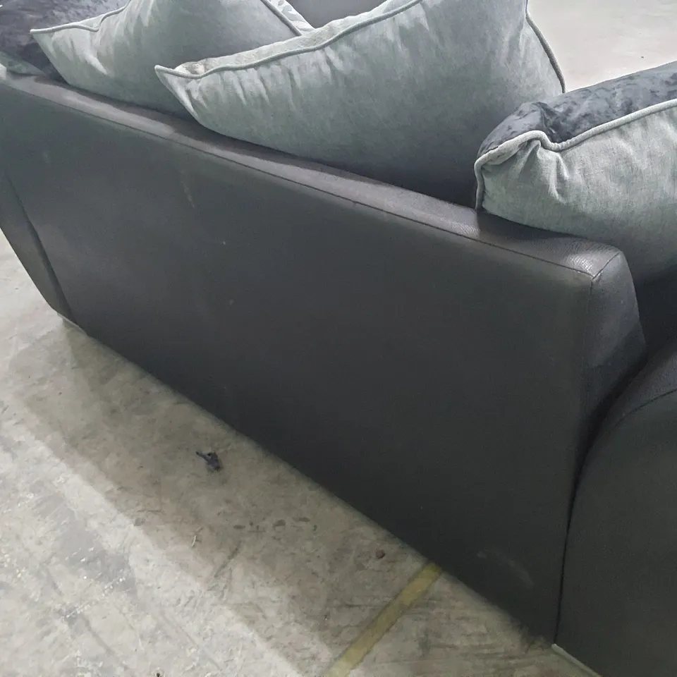 DESIGNER TWO SEATER SOFA BLACK FAUX LEATHER & GREY FABRIC WITH SCATTER CUSHIONS 