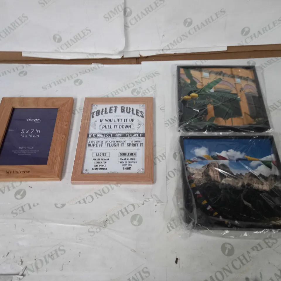 3 PIECES OF BORDERED ART AND 1 HAMPTON MY UNIVERSE PHOTO FRAME 