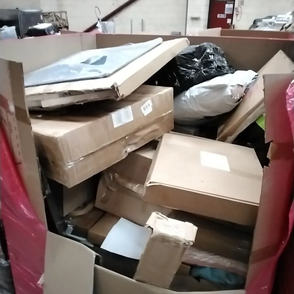 PALLET OF ASSORTED HOUSEHOLD GOODS AND PRODUCTS TO INCLUDE; BABY SWING, BABY CRIB, TOYS, BOXED FURNITURE ETC 