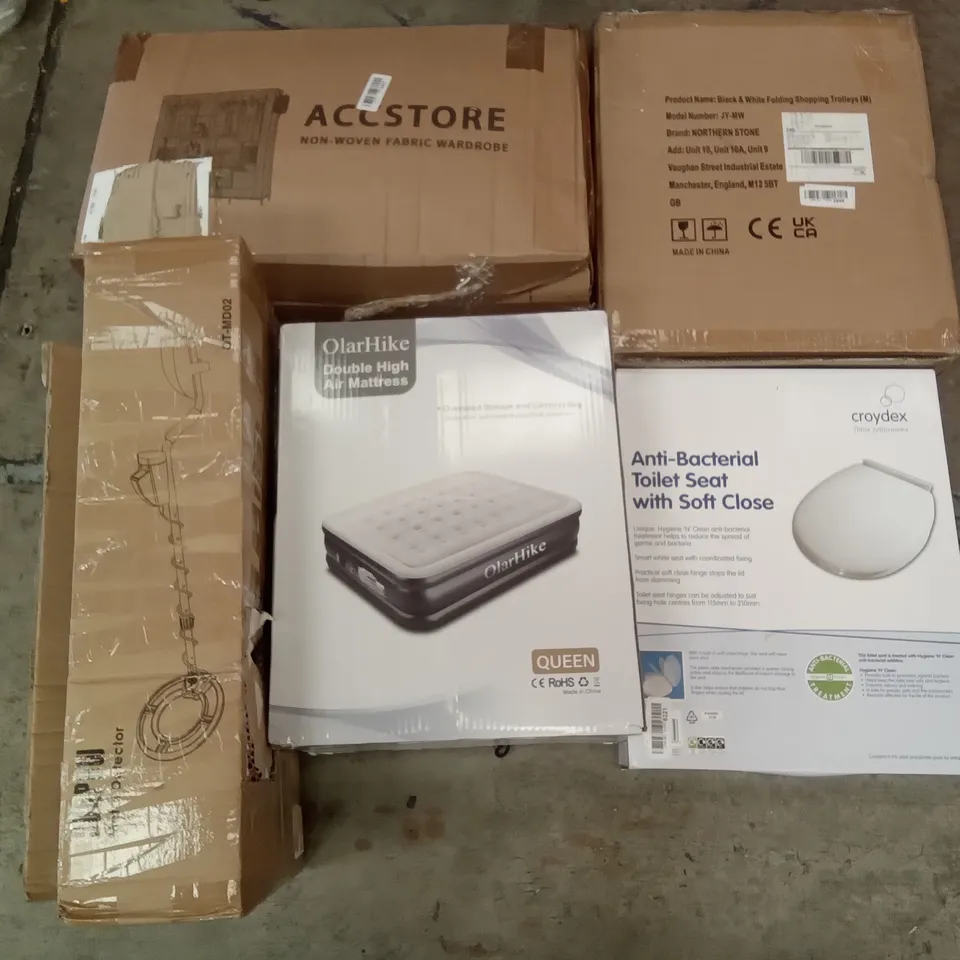 PALLET OF ASSORTED ITEMS INCLUDING ACCSTORE NON WOVEN FABRIC WARDROBE, FOLDING SHOPPING TROLLEYS, OLARHIKE DOUBLE HIGH AIR MATTRESS, CROYDEX TOILET SEAT, METAL DETECTOR, CHRISTMAS GIFT BOXES SILVER 