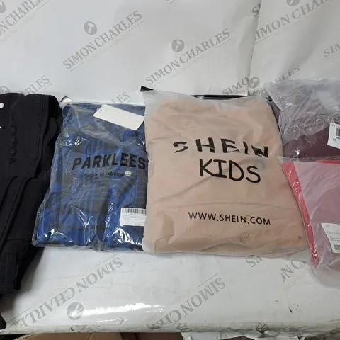 LARGE BOX OF ASSORTED CLOTHING ITEMS IN VARIOUS COLOURS AND SIZES INCLUDING TROUSERS , TOPS AND JUMPERS 