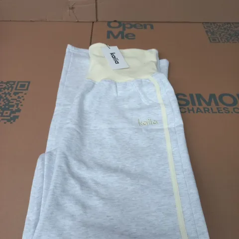 KAIIA STRIPED FOLDOVER WIDE-LEG JOGGERS – LIGHT GREY MARL & LEMON, UK SIZE 14
