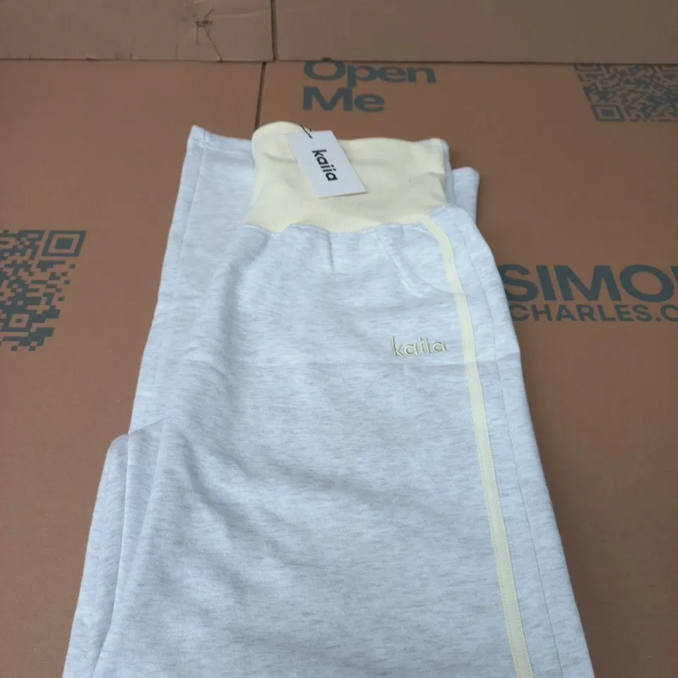 KAIIA STRIPED FOLDOVER WIDE-LEG JOGGERS – LIGHT GREY MARL & LEMON, UK SIZE 14