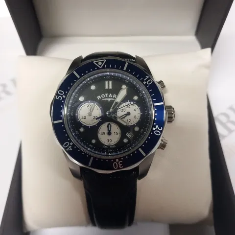 BOXED ROTARY BLACK LEATHER WRIST WATCH WITH SILVER/NAVY FACE