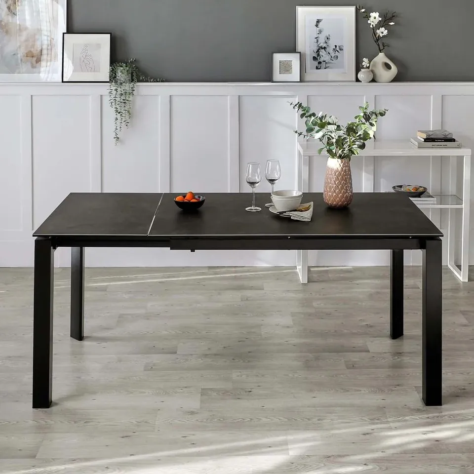BOXED DANETTI LOUIS DARK GREY CERAMIC WITH BLACK METAL EXTENDING 6 TO 8 SEATER DINING TABLE (2 BOXES)