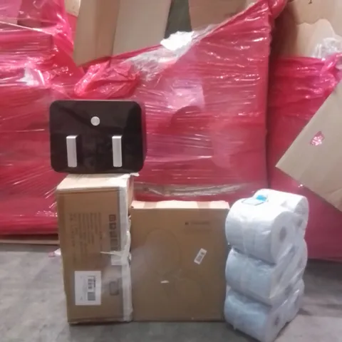 PALLET OF ASSORTED HOUSEHOLD GOODS AND FURNITURE TO INCLUDE; AIR FRYER, CEILING LAMP, NAVARIS TOILET SEATS ETC