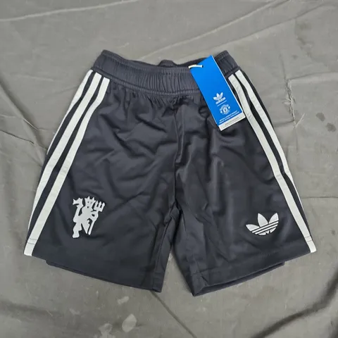 Adidas MUFC Kids Shorts – Black with White Stripes, Manchester United Logo - UK 7-8Y