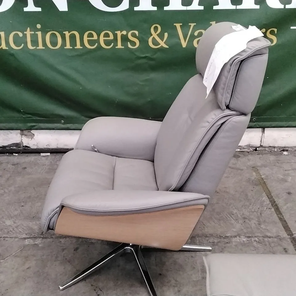 QUALITY BRITISH DESIGNER G PLAN MANUFACTURED MANUAL RECLINER CHAIR AND FOOTSTOOL - CAMBRIDGE GREY LEATHER 