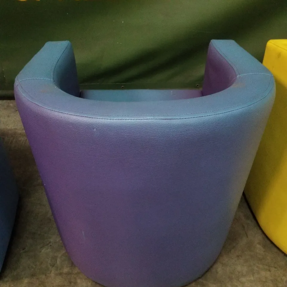 SET OF 4 BISTRO/CAFÉ LEATHER LOUNGE BUCKET CHAIRS - YELLOW, PINK, PURPLE & BLUE