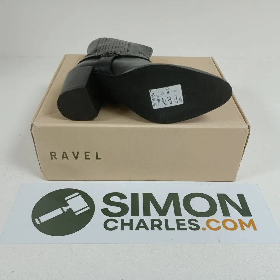 RAVEL WOMEN'S BLACK LEATHER ANKLE BOOTS WITH BUCKLE STRAP - SIZE 7