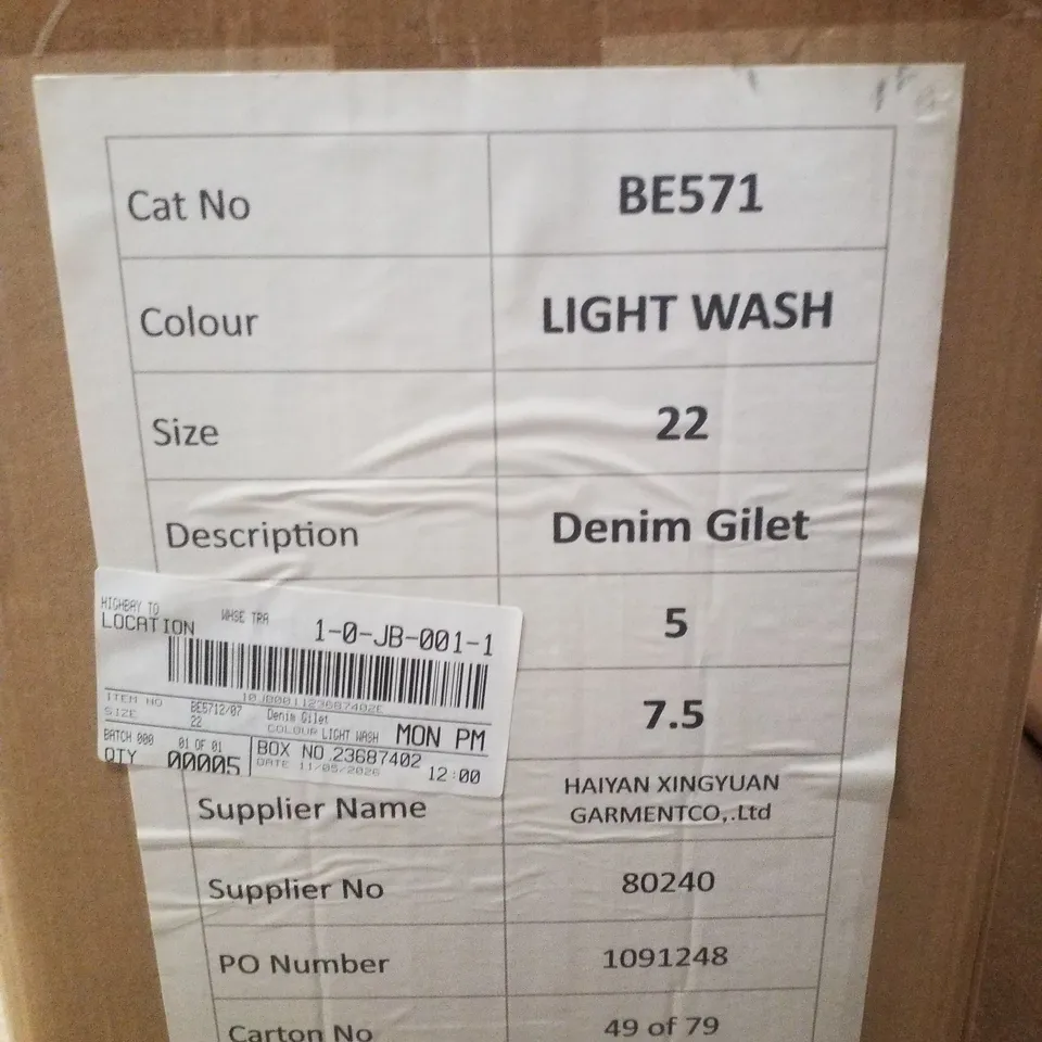 BOX CONTAINING APPROXIMATELY 5 BRAND NEW SIMPLY BE BLUE REGULAR SLEEVELESS DENIM GILETS - SIZE 22