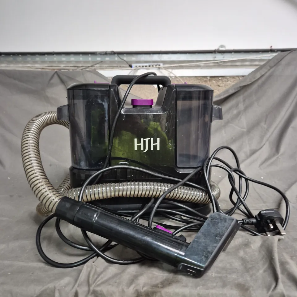 HJH HANDHELD CARPET CLEANER – BLACK WITH FLEXIBLE HOSE AND PURPLE CAP